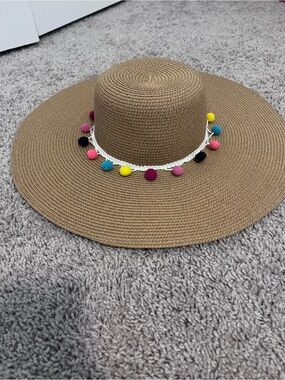 Women’s Brown Straw Sun Hat with Multicolor Pom Pom Trim